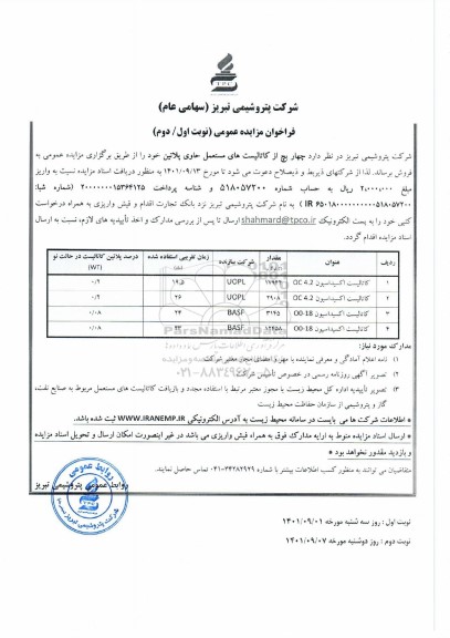 فراخوان مزایده چهار بچ از کاتالیست های مستعمل حاوی پلاتین