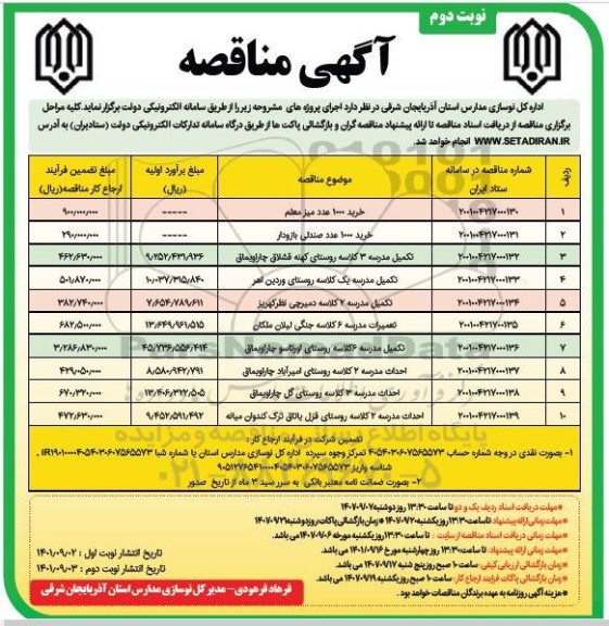 مناقصه خرید 1000 عدد میز معلم  و...  نوبت دوم 