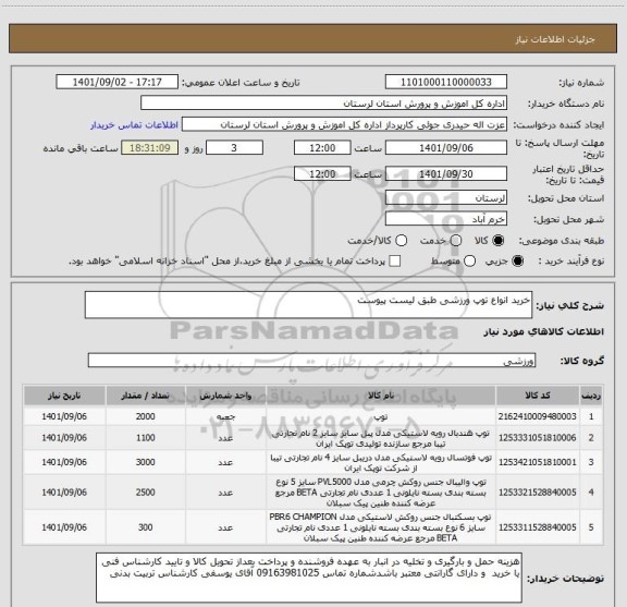 استعلام خرید انواع توپ ورزشی طبق لیست پیوست