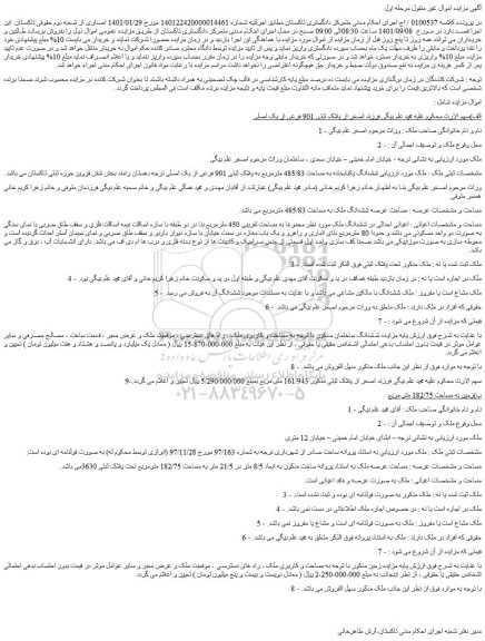 مزایده ششدانگ یکبابخانه به مساحت 485/83 مترمربع به پلاک ثبتی 901 فرعی از یک اصلی