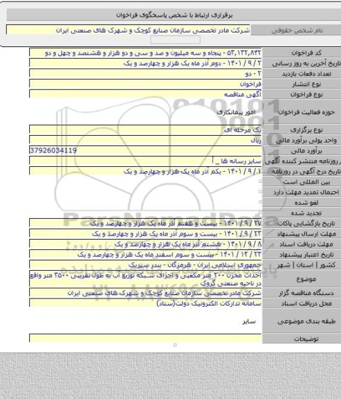 مناقصه, احداث مخزن ۲۰۰ متر مکعبی و اجرای شبکه توزیع آب به طول تقریبی ۳۵۰۰ متر واقع در ناحیه صنعتی گروک