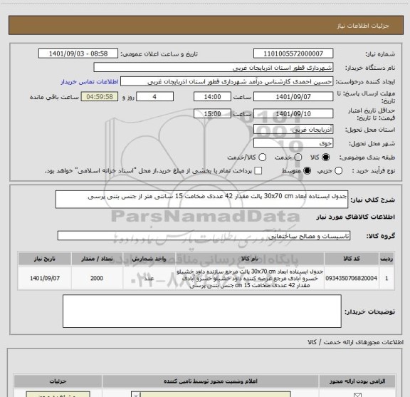 استعلام جدول ایستاده ابعاد 30x70 cm پالت مقدار 42 عددی ضخامت 15 سانتی متر از جنس بتنی پرسی