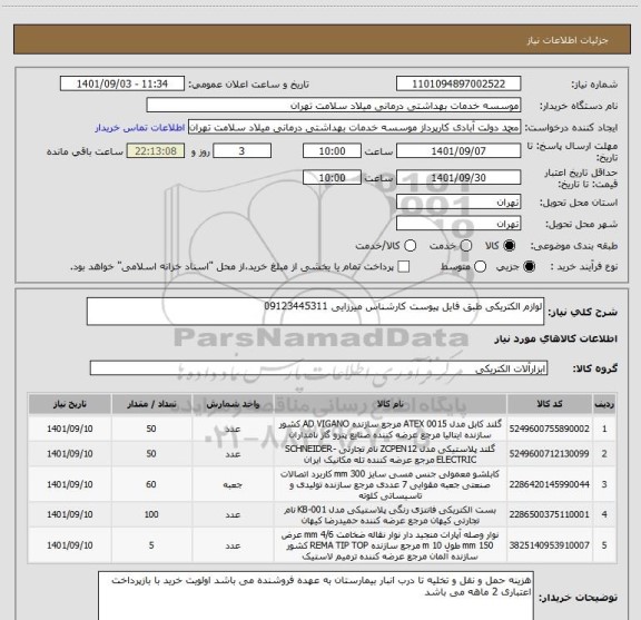 استعلام لوازم الکتریکی طبق فایل پیوست کارشناس میرزایی 09123445311