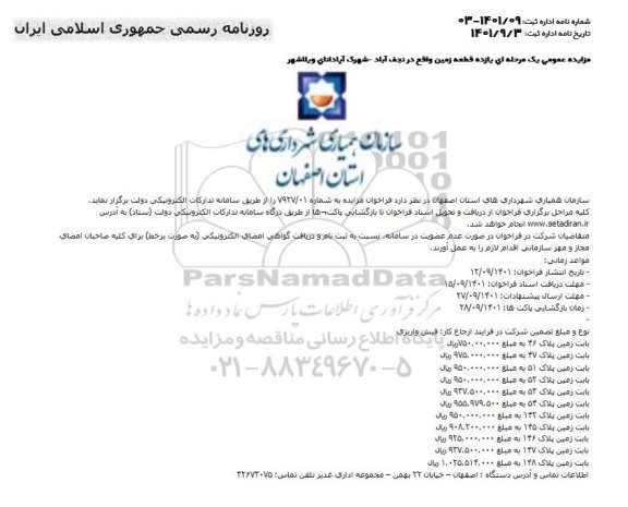 فراخوان مزایده یازده قطعه زمین