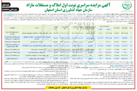 مزایده فروش املاک و مستغلات مازاد کاربری تجاری و کشاورزی و مسکونی و انبار نوبت اول