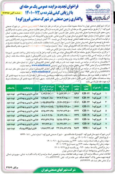 تجدید مزایده عمومی واگذاری زمین صنعتی در شهرک صنعتی 