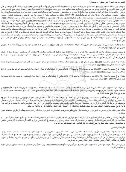 مزایده فروش  12سهم مشاع از 100سهم از 1/5دانگ مشاع ازشش دانگ 