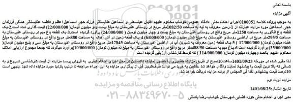 مزایده فروش 1-زمین معروف به تپه به مساحت 1082/50متر مربع