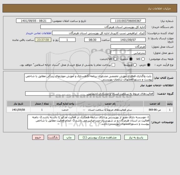 استعلام  بابت واگذاری فعالیت آموزش تخصصی مشاوران برنامه آگاهسازی و آموزش مهارتهای زندگی مطابق با شاخص پیوست و دستورالعملهای سازمان بهزیستی