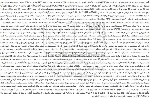 آگهی مزایده ششدانگ یک قطعه زمین به مساحت 600 مترمربع به پلاک شماره 5985 فرعی از 3526 اصلی مفروز و مجزی شده از شماره اصلی