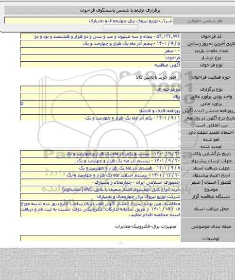مناقصه, خرید انواع کابل آلومینیوم فشار ضعیف با عایق PVC ( تجدیداول)
