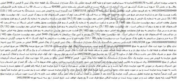 آگهی مزایده  یک دانگ مشاع از ششدانگ یک قطعه خانه پلاک ثبتی 0 فرعی از 5448 اصلی