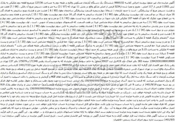 آگهی مزایده ششدانگ یک دستگاه آپارتمان مسکونی واقع در طبقه دوم به مساحت 127/36 مترمربع قطعه دوم تفکیکی به پلاک ثبتی 11502 فرعی از 117 اصلی ، مفروز و مجزا شده از5234 فرعی از اصلی