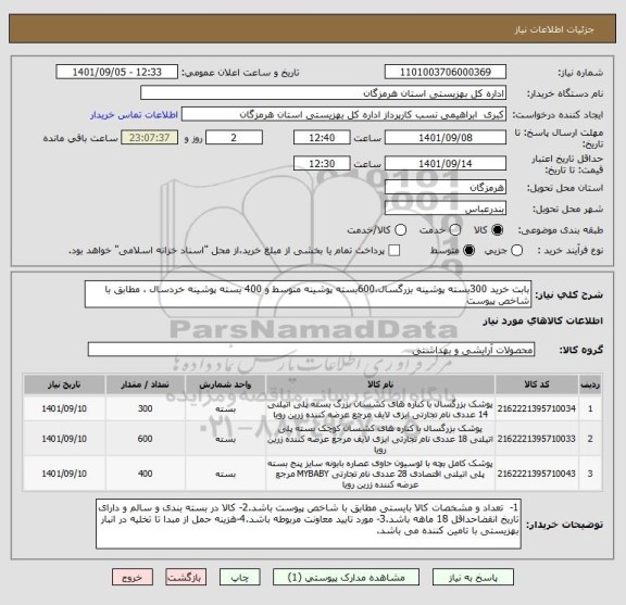 استعلام بابت خرید 300بسته پوشینه بزرگسال،600بسته پوشینه متوسط و 400 بسته پوشینه خردسال ، مطابق با شاخص پیوست