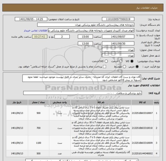 استعلام گان نوزاد و ست گان اطفال- ایران کد مشابه - جدول سایز بندی در فایل پیوست موجود میباشد- لطفا نحوه تسویه در پیش فاکتور مشخص شود
