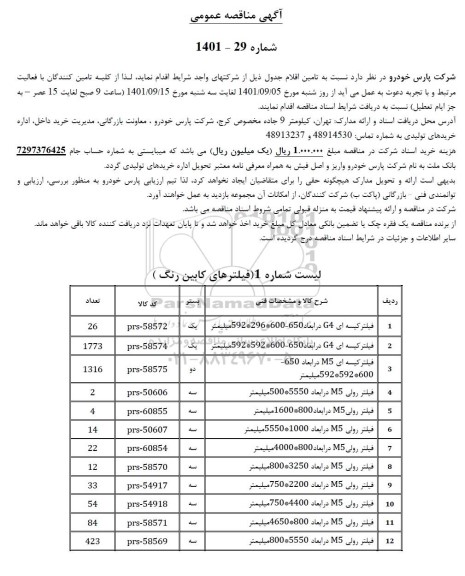 مناقصه تامین اقلام شامل فیلتر کیسه ای....