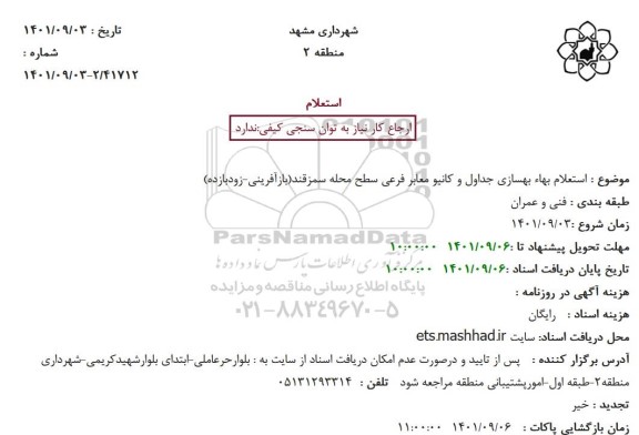 استعلام بهاء بهسازی جداول و کانیو معابر فرعی