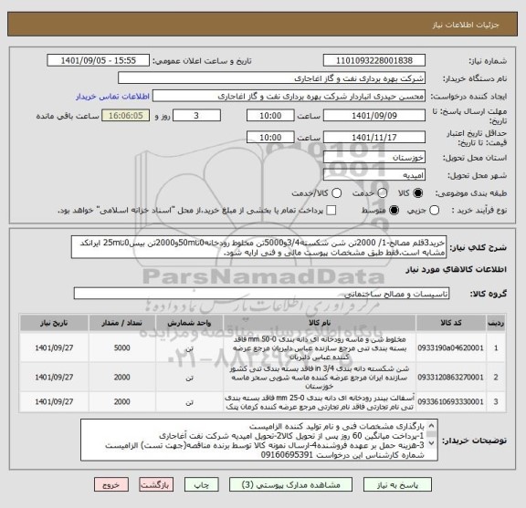 استعلام خرید3قلم مصالح-1/ 2000تن شن شکسته3/4و5000تن مخلوط رودخانه0تا50mو2000تن بیس0تا25m ایرانکد مشابه است.فقط طبق مشخصات پیوست مالی و فنی ارایه شود.