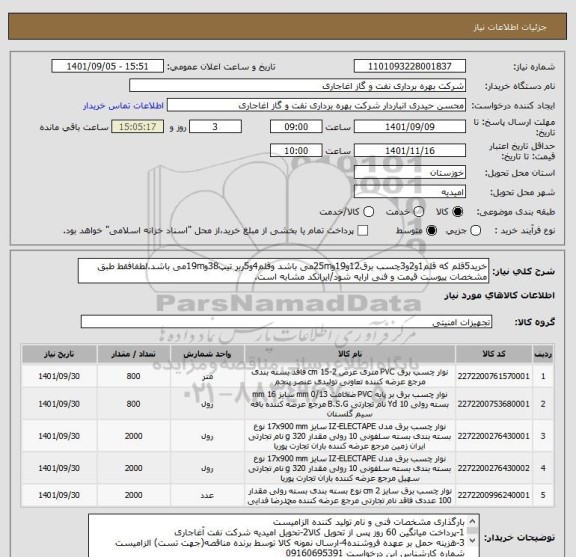 استعلام خرید5قلم که قلم1و2و3چسب برق12و19و25mمی باشد وقلم4و5ربر تیپ38و19mمی باشد.لطفافقط طبق مشخصات پیوست قیمت و فنی ارایه شود/ایرانکد مشابه است.