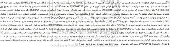 آگهی مزایده یک دستگاه یخچال و فریرز الکترو استیل (کارکرده)