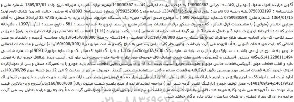 آگهی مزایده یک دستگاه خودروی سواری پراید