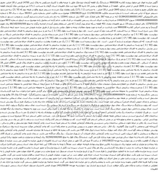 آگهی مزایده ششدانگ یک قطعه آپارتمان نوع ملک طلق با عرصه وقف با کاربری مسکونی به پلاک ثبتی 14700 فرعی از 18 اصلی
