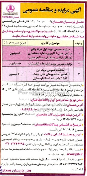 مناقصه و مزایده واگذاری غرفه واقع در لابی هتل....