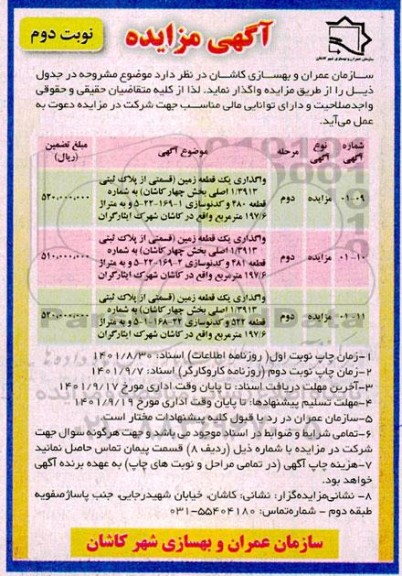 مزایده واگذاری سه قطعه زمین مرحله دوم
