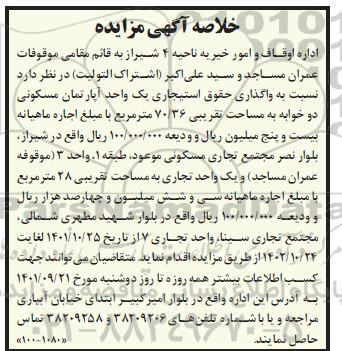 مزایده واگذاری حقوق استیجاری یک واحد آپارتمان مسکونی ....