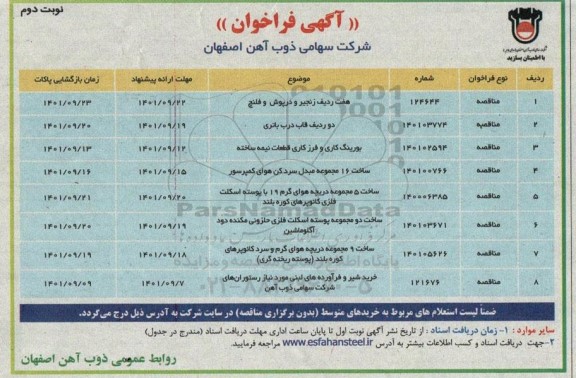 فراخوان هفت ردیف زنجیر و درپوش و فلنج ... نوبت دوم 