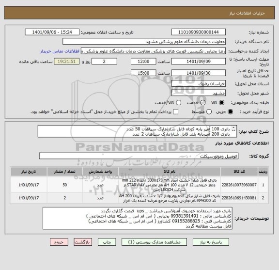 استعلام باتری 100 آمپر پایه کوتاه قابل شارژمارک سپاهان 50 عدد
باتری 200 آمپرپایه بلند قابل شارژمارک سپاهان 2 عدد
تسویه 3 ماهه میباشد
ایران کد مشابه است