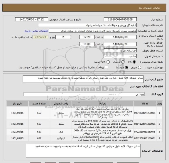 استعلام سالن مهران  لایه عایق حرارتی کف پوش سالن ایران کدها مشابه به جدول پیوست مراجعه شود