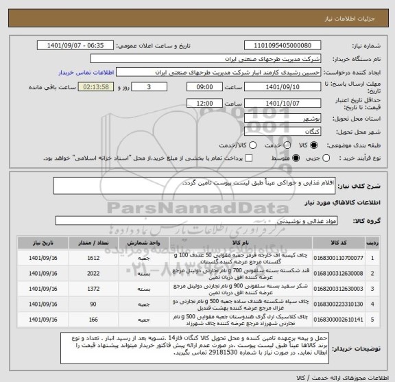 استعلام اقلام غذایی و خوراکی عیناً طبق لیست پیوست تامین گردد، سایت ستاد