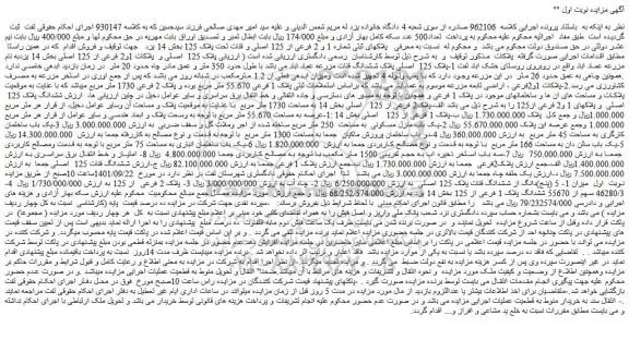 مزایده فروش پلاکهای ثبتی شماره 1 و 2 فرعی از 125 اصلی و قنات تحت پلاک 125