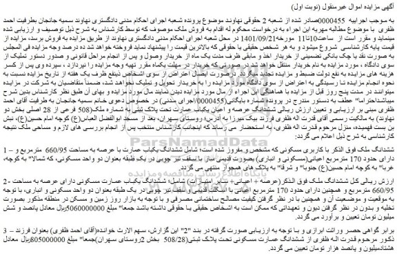 مزایده فروش ششدانگ ملک  با کاربری مسکونی 