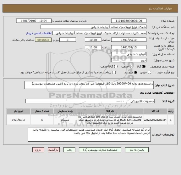 استعلام ترانسفورماتور توزیع 20000/400 ولت 160 کیلوولت آمپر کم تلفات رده آ.ب پریم (طبق مشخصات پیوستی)