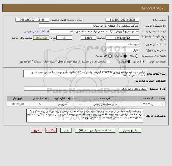 استعلام بارگیری و تخلیه ترانسفورماتور 230/132 کیلوولت با ظرفیت 120 مگاولت آمپر توسط جک طبق توضیحات و احتساب هزینه بیمه