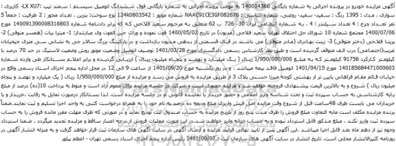 آگهی مزایده سمند تیپ :LX XU7- کاربری : سواری ، مدل : 1395 رنگ : سفید- سفید- روغنی