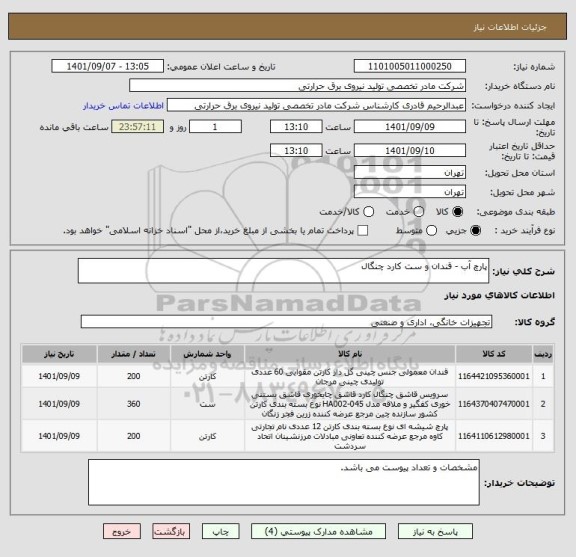 استعلام پارچ آب - قندان و ست کارد چنگال