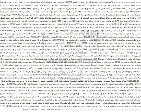 آگهی مزایده مقدار بیست و یک و سی و سه صدم شعیر مشاع از چهاردانگ مشاع از ششدانگ آپارتمان مسکونی به پلاک ثبتی سی و هشت هزاروهشتصد و چهل وسه فرعی از ده اصلی