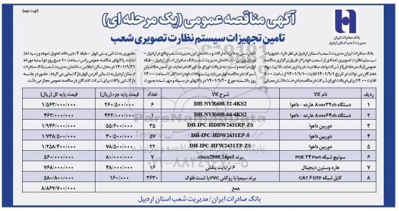 مناقصه تامین تجهیزات سیستم نظارت تصویری شعب نوبت دوم