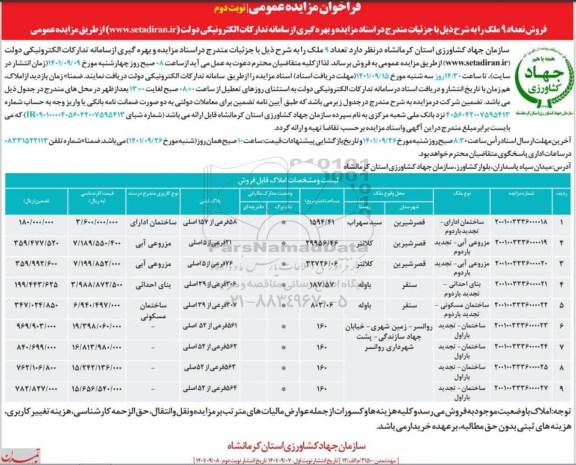 مزایده فروش 9 ملک با کاربری اداری،مزروعی آبی ...- نوبت دوم