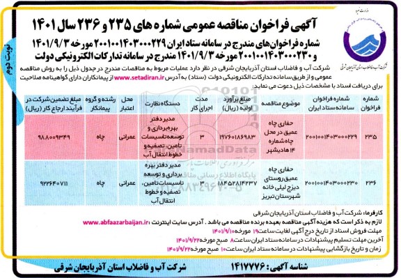 فراخوان مناقصه حفاری چاه عمیق در محل چاه ...- نوبت دوم