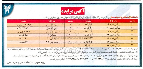 مزایده فروش آهن آلات مازاد 