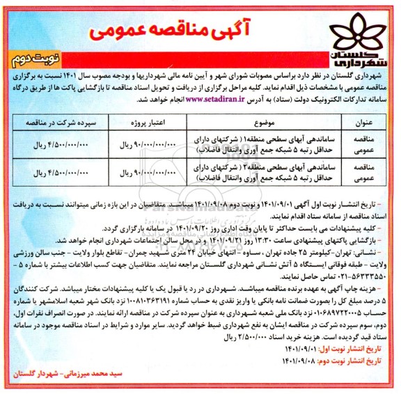 مناقصه عمومی ساماندهی آبهای سطحی منطقه 1... نوبت دوم 