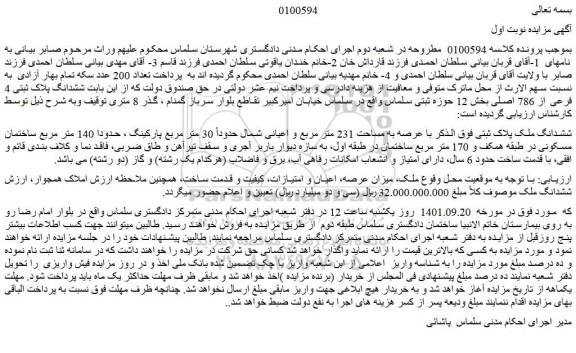 مزایده فروش  ششدانگ پلاک ثبتی 4 فرعی از 786 اصلی 