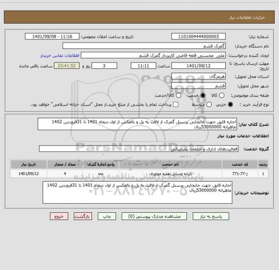 استعلام اجاره قایق جهت جابجایی پرسنل گمرک از لافت به پل و بالعکس از اول دیماه 1401 تا 31فروردین 1402 ماهیانه 53000000ریال