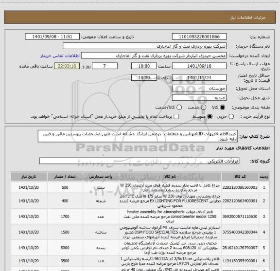 استعلام خرید8قلم لامپهای LIDمهتابی و متعلقات .درضمن ایرانکد مشابه است.طبق مشخصات پیوستی مالی و فنی ارایه شود.