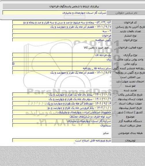 مناقصه, خرید لوله فلزی در سایزهای مختلف