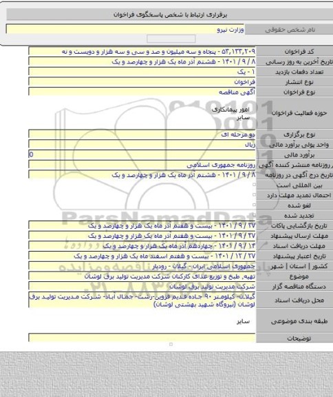 مناقصه, تهیه٬ طبخ و توزیع غذای کارکنان شرکت مدیریت تولید برق لوشان